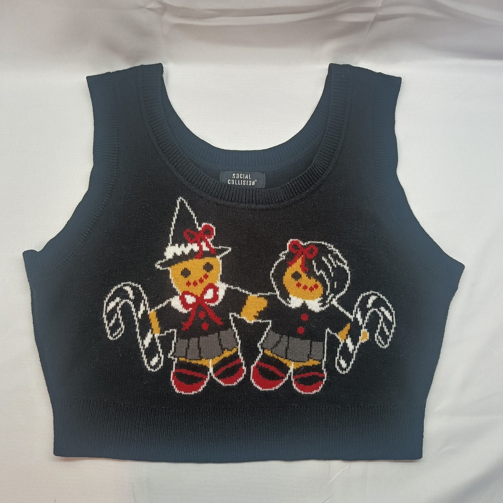 Social Collision Goth Gingerbread Knit Sweater Vest Black Crop‎ Top Womens L